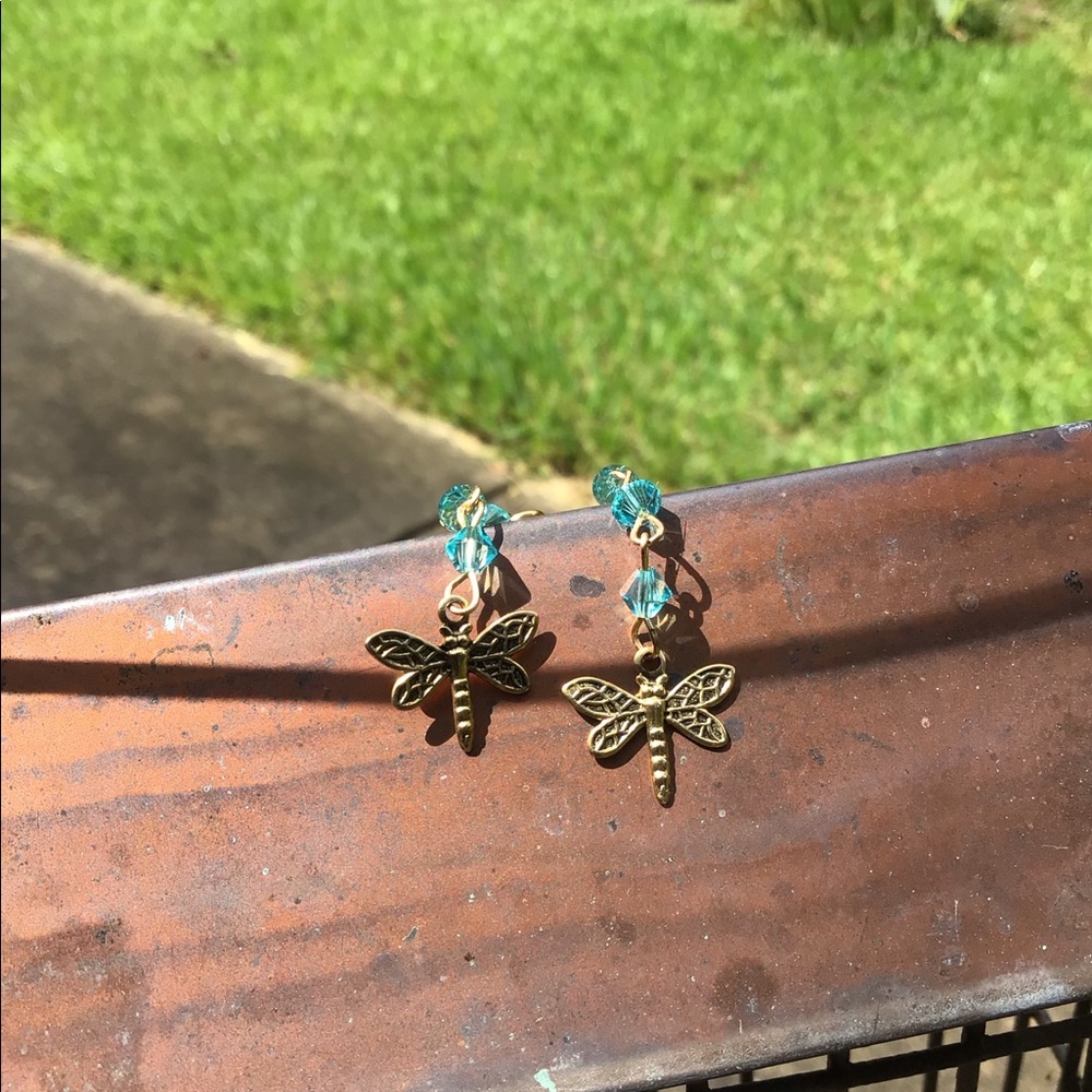 Blue Swarovski Crystal Brass Dragonfly Earrings